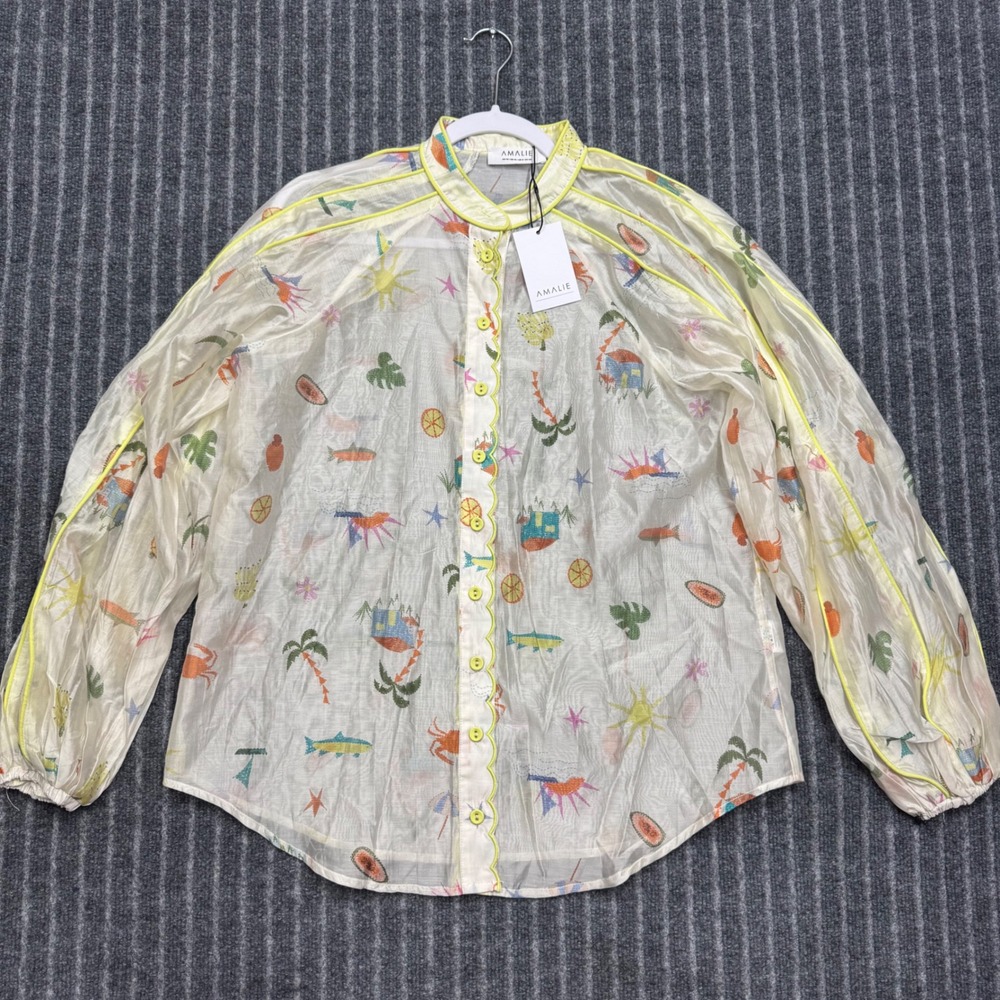 Amalie The Label Womens Malia Blouse Size 6 Tropical Oasis Print Sheer Button Up